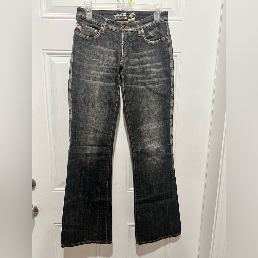 Parasuco Blue Denim Cult Ergonomic Red Tag Wide Flare Leg Jeans size 27